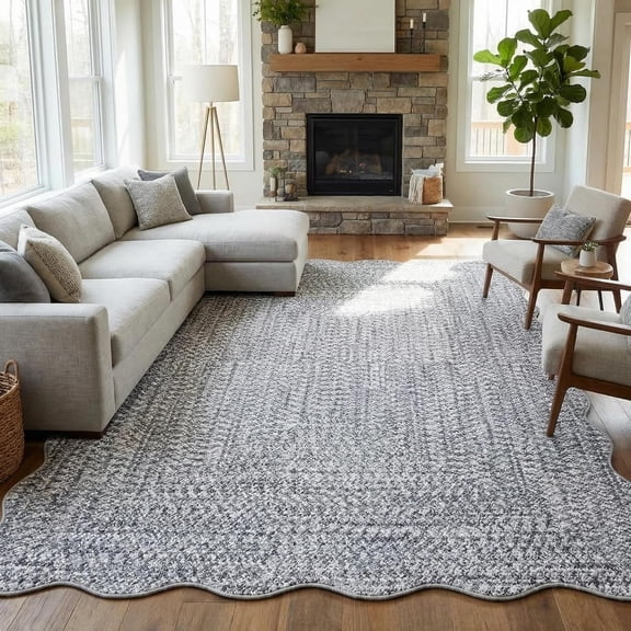 8x10 Scalloped Braided Print Farmhouse Area Rug, TPR Non Slip Washable Low Pile Popular Size Living Room Bedroom Carpet,Gray