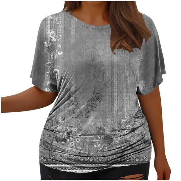 Tops Cortos para Mujeres, Cintura Plisada Cuello Redondo Tamaño Grande Camiseta de Manga Corta Top Casual Hecha de Estante de Imitación, Camisetas Casuales de Mujer