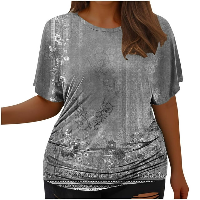 Tops Cortos para Mujeres, Cintura Plisada Cuello Redondo Tamaño Grande Camiseta de Manga Corta Top Casual Hecha de Estante de Imitación, Camisetas Casuales de Mujer