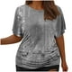 thumbnail image 1 of Tops Cortos para Mujeres, Cintura Plisada Cuello Redondo Tamaño Grande Camiseta de Manga Corta Top Casual Hecha de Estante de Imitación, Camisetas Casuales de Mujer, 1 of 6