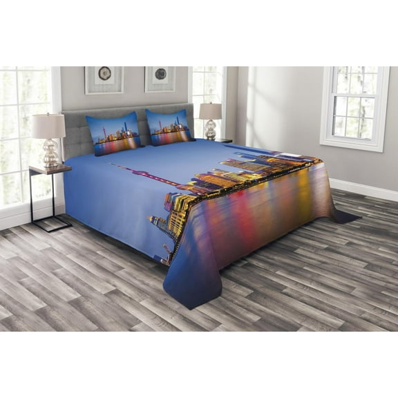Ambesonne Urban Quilted Bedspread Set 3 Pcs, Shanghai City Skyline, Queen Size, Blue Pink Yellow