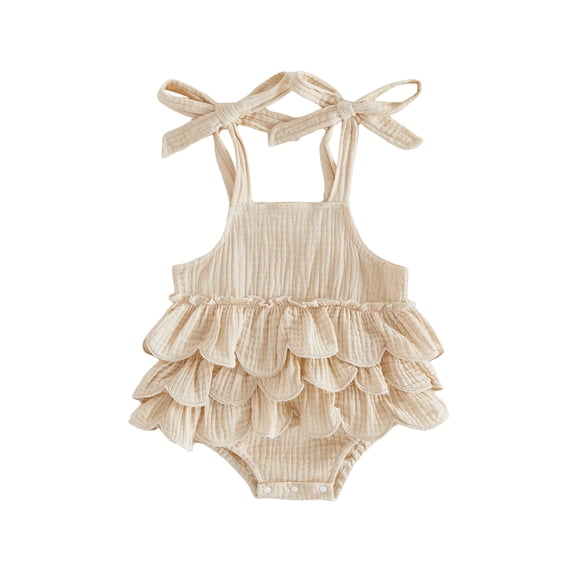 BemeyourBBs Newborn Baby Girl Summer Clothes Cute Infant Baby Girl Cotton Linen Outfit Bubble Romper 0 3 6 12 18 Months Strap Tie-up Sleeveless Layered Bodysuit Jumpsuit Playsuit