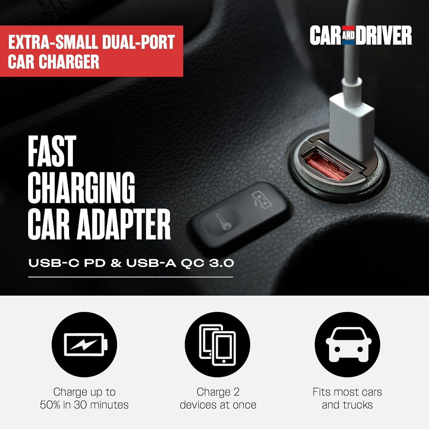 Car and Driver Nanobit USB-C Car Charger – 45W Fast Charging Adapter, USB-C Power Delivery & USB-A Quick Charge 3.0, 12V Cigarette Lighter Charger
