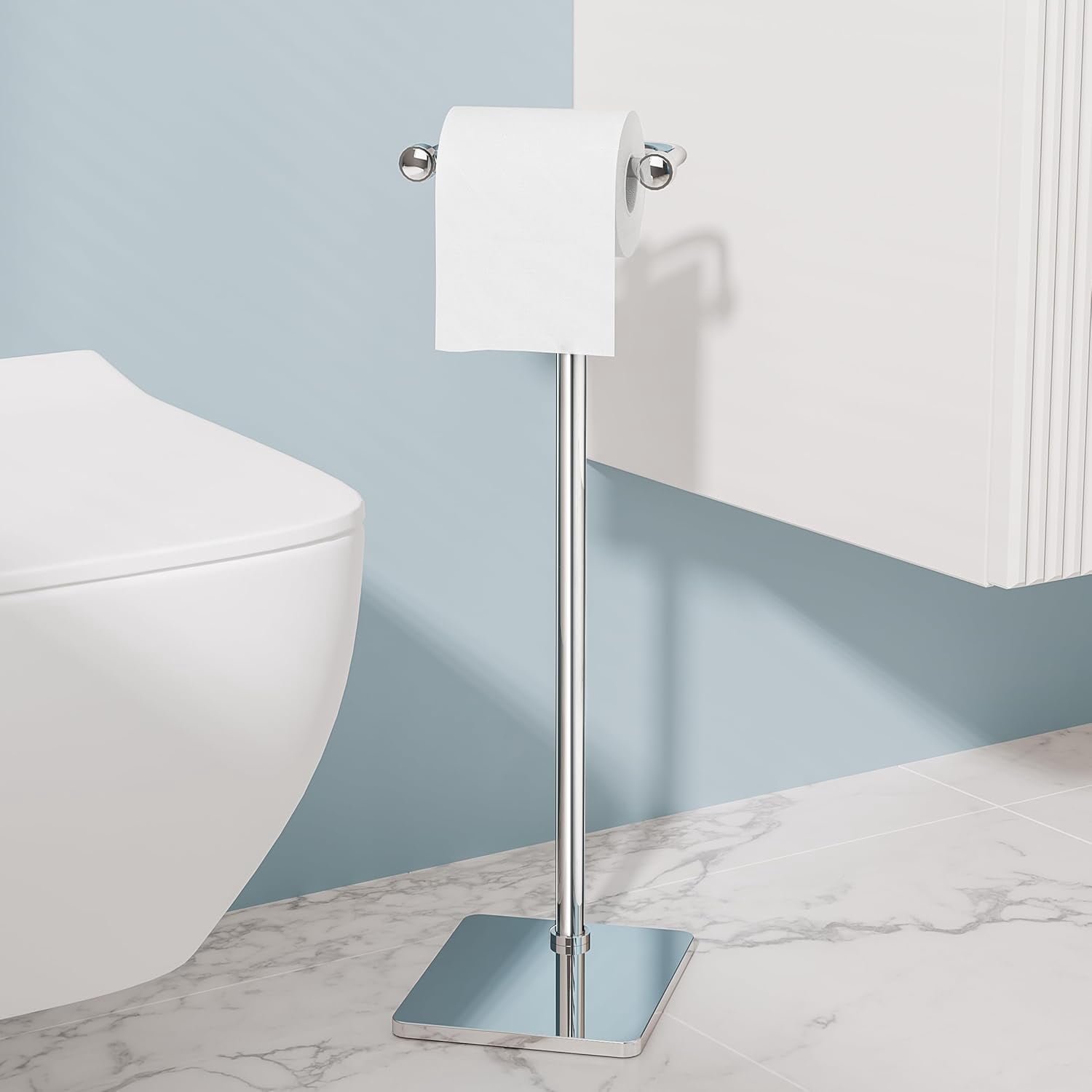 Toilet Paper Holder Stand, Bathroom Toilet Paper Roll Holder Free Standing, Toilet Tissue Holder Stand with Post Pivoting Design, Stable Weighted Base, SUS304 Stainless Steel (Chrome)