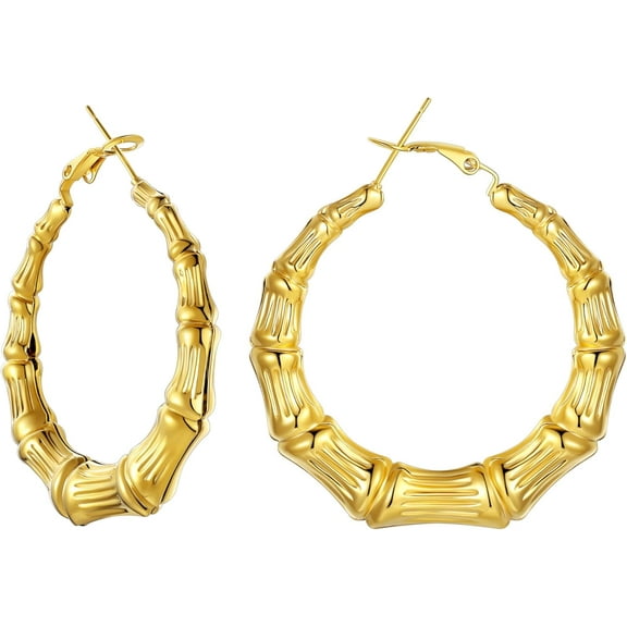 NBGQD Bamboo Earrings for Women 18K Gold Plated/Stainless Steel/Personalized Black Statement Extra Large Hoop Earrings 80s 90s Custom Name Huggie Earrings for Party Fashion Jewlery