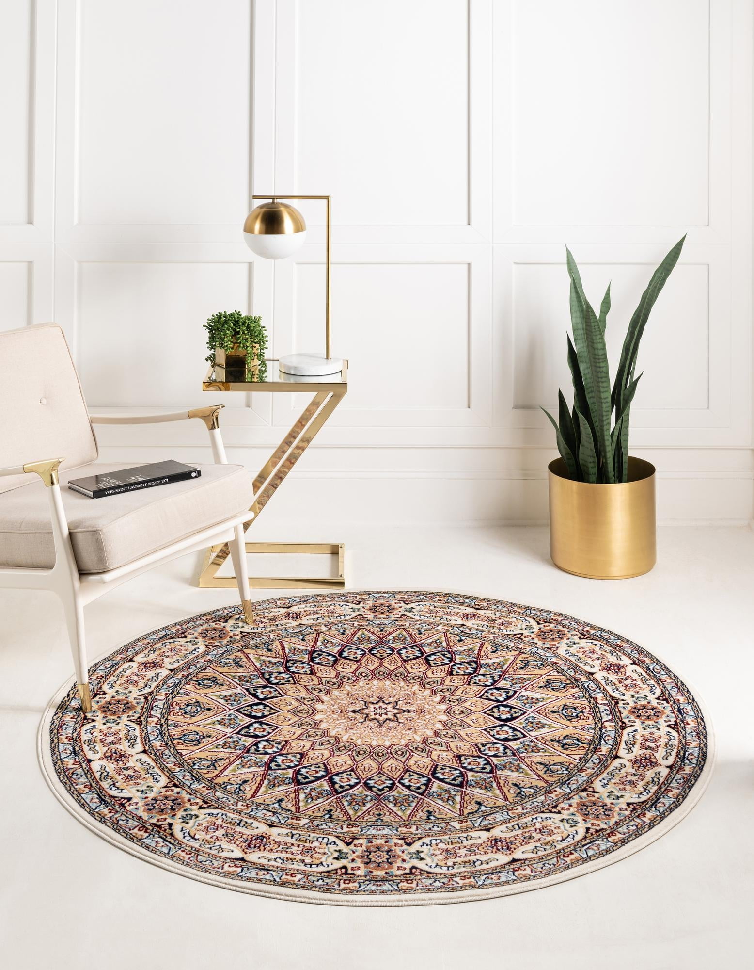 Rugs.com Rabia Collection Rug – 5' Round Ivory Low Rug Perfect For Kitchens, Dining Rooms 