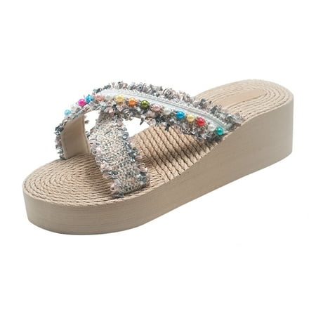 

uikmnh Women Slippers Beach Lacework Heel Colorful Shoes Beads Thick Soled Slope Shoes Slippers Women s Women s Slipper Beige 8.5