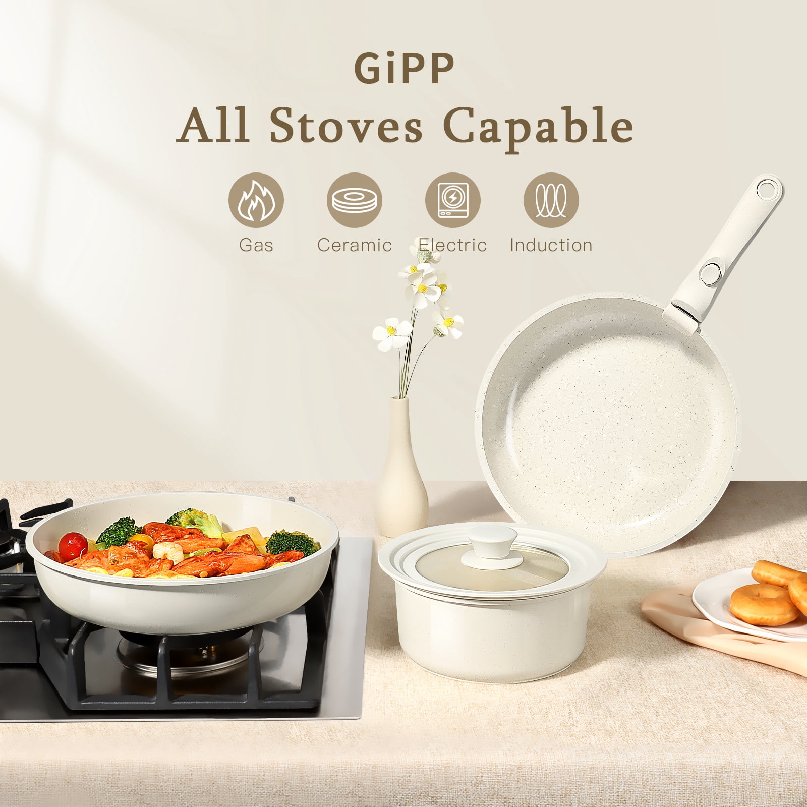 GIPP 17 Piece Large Size 11inch Ceramic Nonstick Pots and Pans Set,Cookware Set with Detachable Handles, Oven Dishwashers Safe,Induction Compatible,RV Kitchen Cooking Set