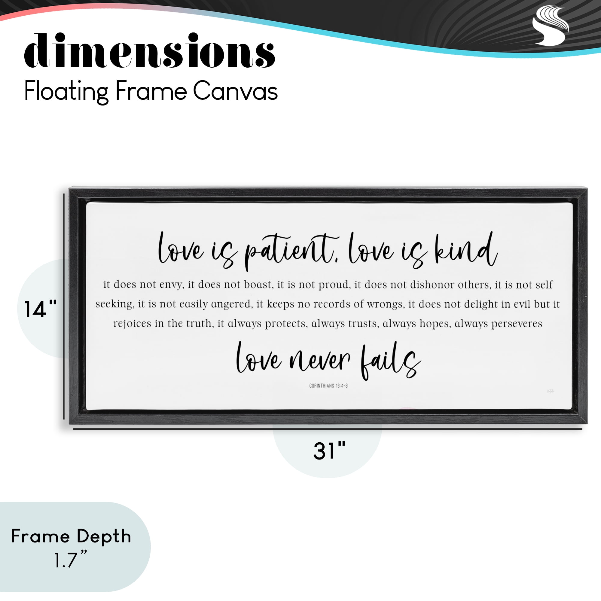 Stupell Industries Love Never Fails Proverb Black Framed Floater Canvas Wall Art, design by Natalie Carpentieri
