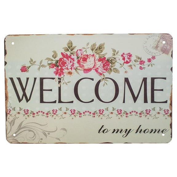 8x12 Welcome to My Home Flowers Vintage Tin Wall Sign Rustic Farmhouse Floral Porch Kitchen Door Decor