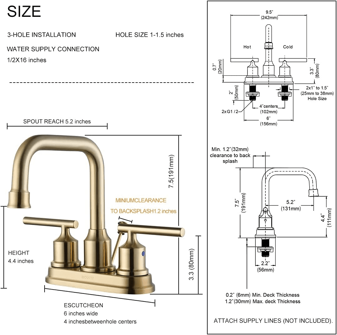 Wowow Brushed Gold Bathroom Faucet 4 Inch Bathroom Sink Faucet 2 Handle Vanity Faucet
