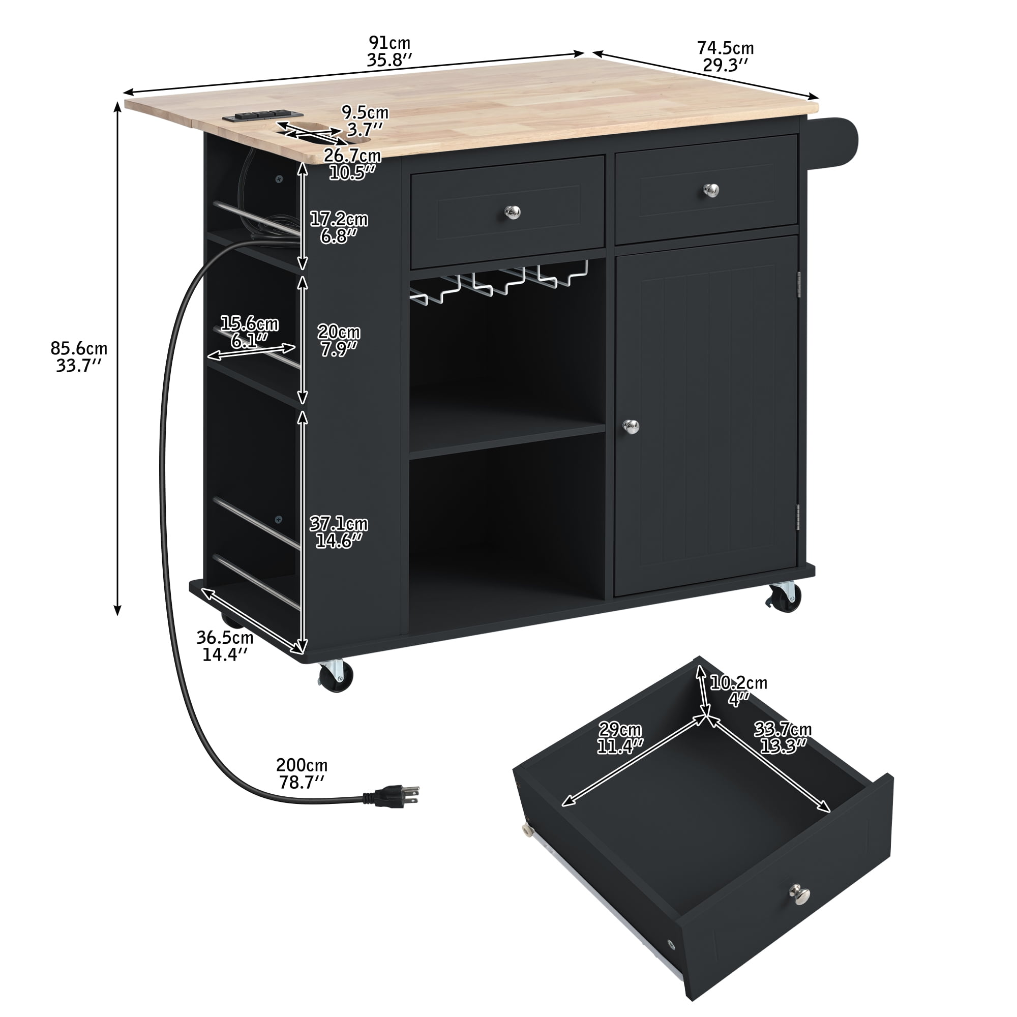 Vastcury 39.8" Kitchen Island Cart on Wheels with Power Outlet, Kitchen Storage Island with Drop Leaf and Wine Rack for Kitchen and Dining Room, Black