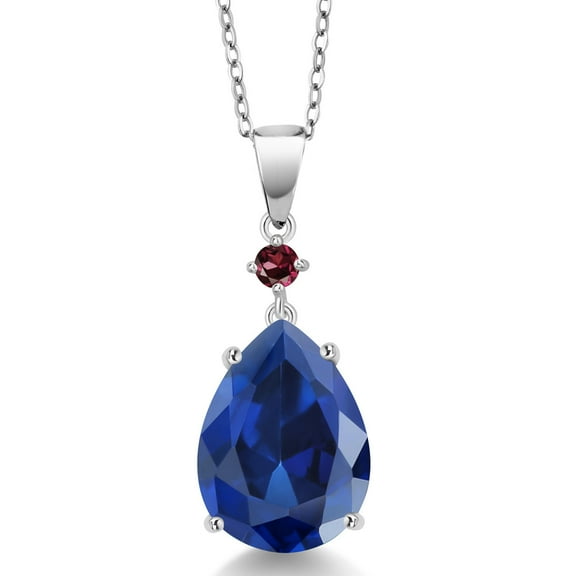 Gem Stone King 925 Sterling Silver Blue Simulated Sapphire and Red Rhodolite Garnet Pendant Necklace for Women (10.32 Cttw, Pear Shape 16X12MM, Gemstone, with 18 inch Chain)