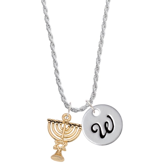 Delight Jewelry Goldtone 3-D Menorah - Silvertone Script Initial Disc - W - Charm Necklace, 20"+3"