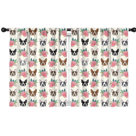 Blackout Kids Curtains,White Boston Terrier and Flower Childrens Insulated Curtains Set Of 2,Bedroom Essentials,Toddler Room Decor 42x54in(106x137cm)