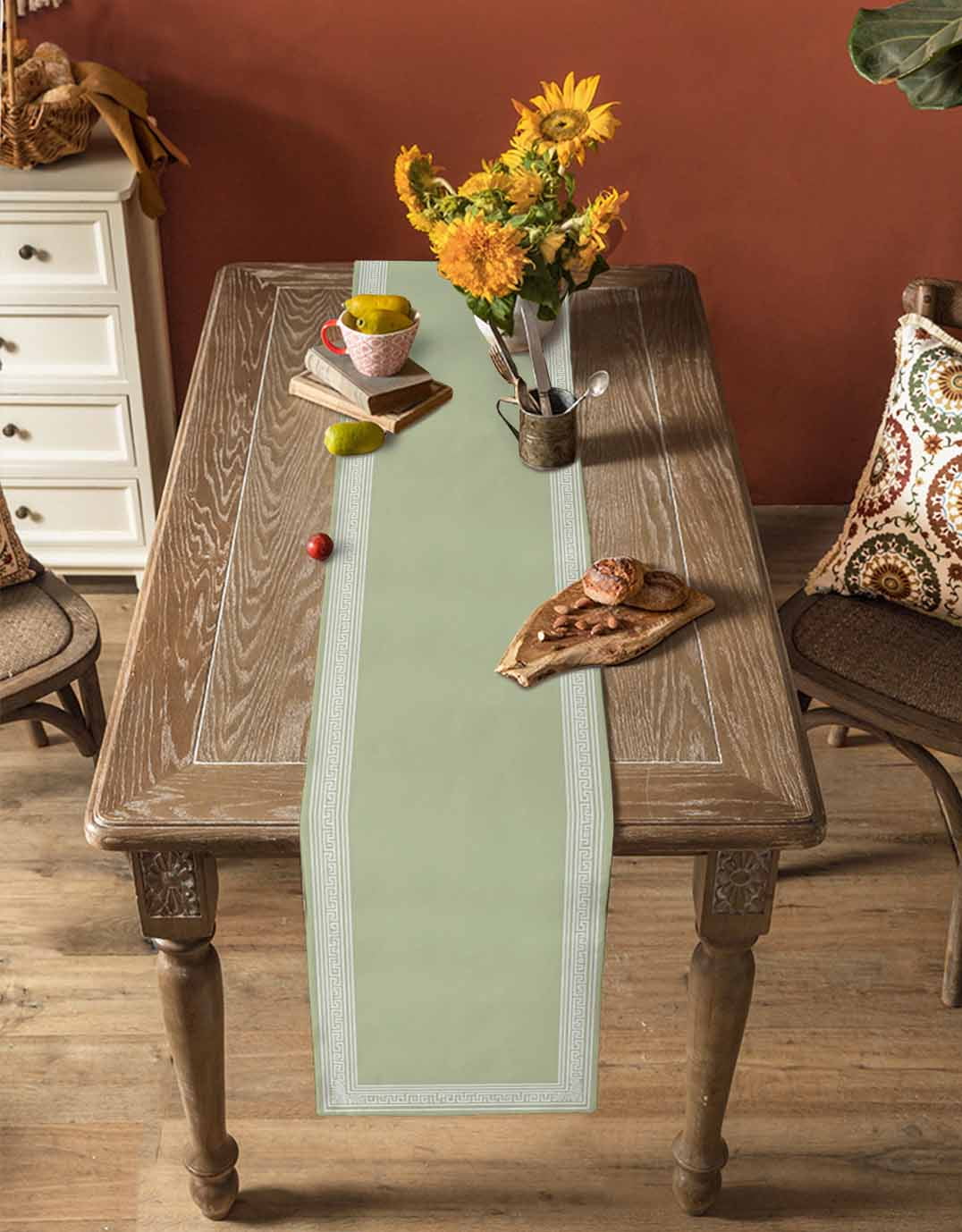 Sage Green Greek Key Table Runner 72 Inches, Geometric Greece Ancient Farmhouse Geo Bed Runner Dresser Scarves Tabletop for Indoor Outdoor Parties/Ceremony/Banquet, 13" x 72"
