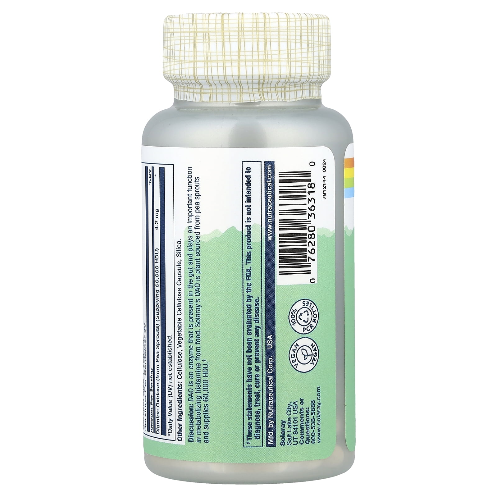 SOLARAY DAO Enzyme - Digestive Enzyme That Breaks Down Histamine - 60,000 HDU - Digestive Enzymes - Vegan, Gluten Free, Lab Verified - 30 Servings, 30 VegCaps