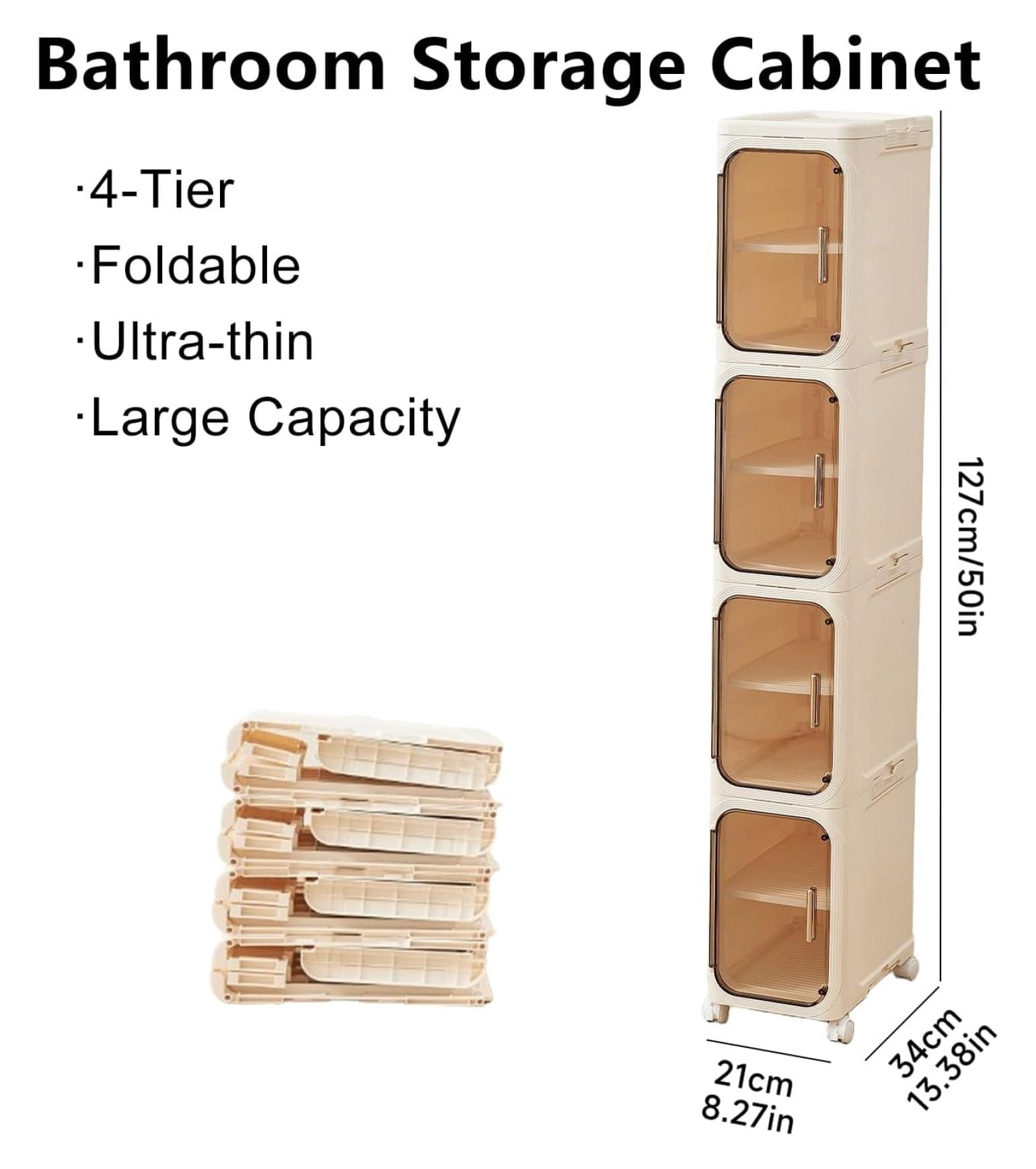 4-Tier Tall Narrow Storage Cabinet- Plastic Slim Bathroom Storage Organizer with Magnetic Doors,Adjustable Shelves&Movable Wheels, Foldable Skinny Cabinet for Small Spaces,Kitchen