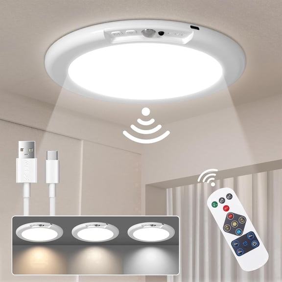 Wireless LED Ceiling Light, Rechargeable Ceiling Light whit Motion Sensor Support 3 Color Temp for Storage Room, Garage, Bathroom, Stairs, Doorway