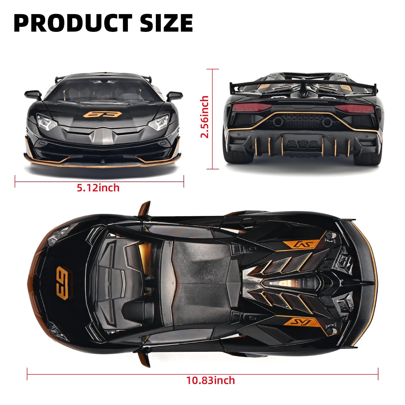 CHUNYAN 1/18 Diecast Cars Lambo SVJ 63 Model Car Kits,Lambo Collectibles Model with Light and Sound,Race Cars for Kids Ages 4-8(Black)