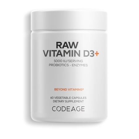 Codeage Raw Vitamin D3+ High Potency 5000 IU Supplement From Saccharomyces Cerevisiae - Raw Vitamin Enhanced w/ Omega-9, Probiotics, Digestive Enzymes, Fruits & Greens - 2-Month Supply - 60 Capsule