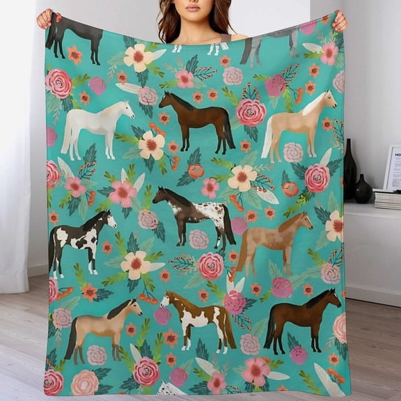 Horse Blanket Gifts for Girls Women Cute Horses Flowers Flannel Fleece Throw Blanket Soft Warm Fuzzy Pink Blanket for Horse Lovers Decor Bed Couch Living Room for Kids 50" x 60"