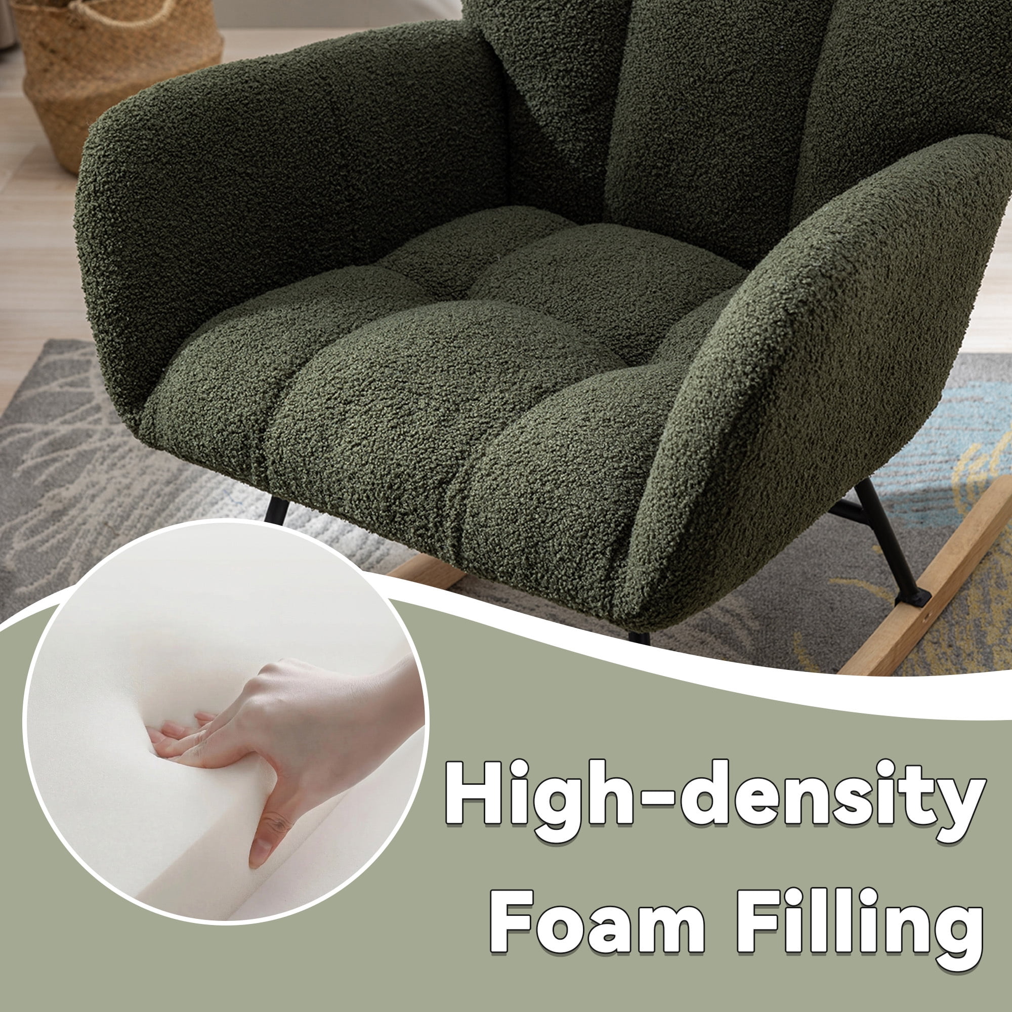 Leumius Rocking Chair Nursery,Teddy Upholstered Glider Rocker with High Backrest,Modern Rocking Accent Chairs Glider Recliner for Living Room, Nursery, Bedroom,Dark Green