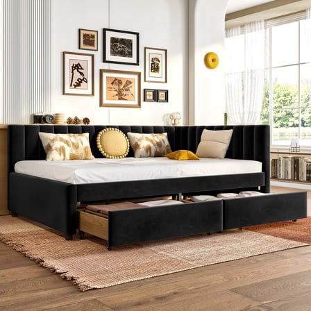 Full Size Daybed with Storage Drawers Upholstered Corner Bed with L Shaped Headboard Velvet Daybed Frame for Living Room Guest Room