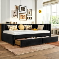 Full Size Daybed with Storage Drawers Upholstered Corner Bed with L Shaped Headboard Velvet Daybed Frame for Living Room Guest Room