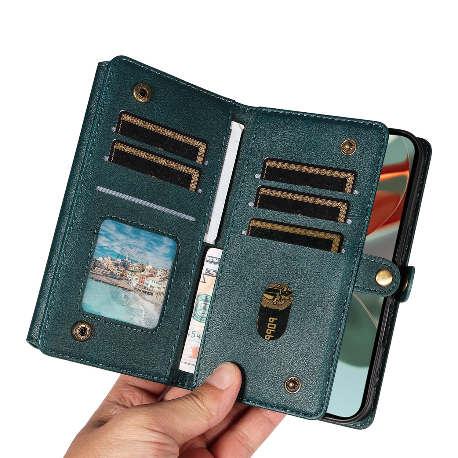 Dteck Wallet Case for iPhone 12 Pro / 12 6.1", RFID Blocking Card Holder PU Leather Crossbody Strap Magnetic Snap Zipper Purse Shockproof Phone Cover,Green