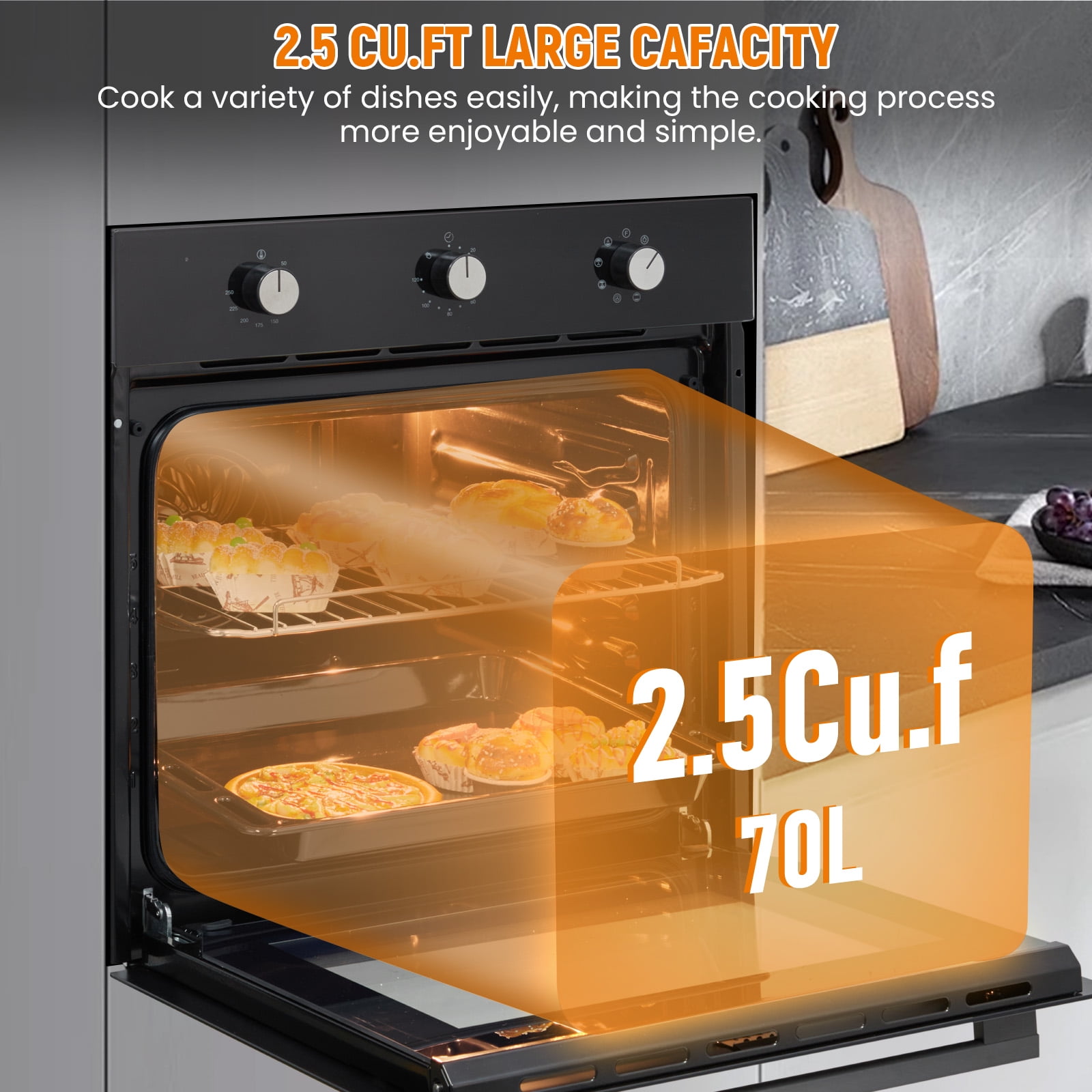 24" Built-In Single Wall Oven, Black Electric Convection Oven with 8 Cooking Functions, 108 Smart Menus & Mechanical Knobs