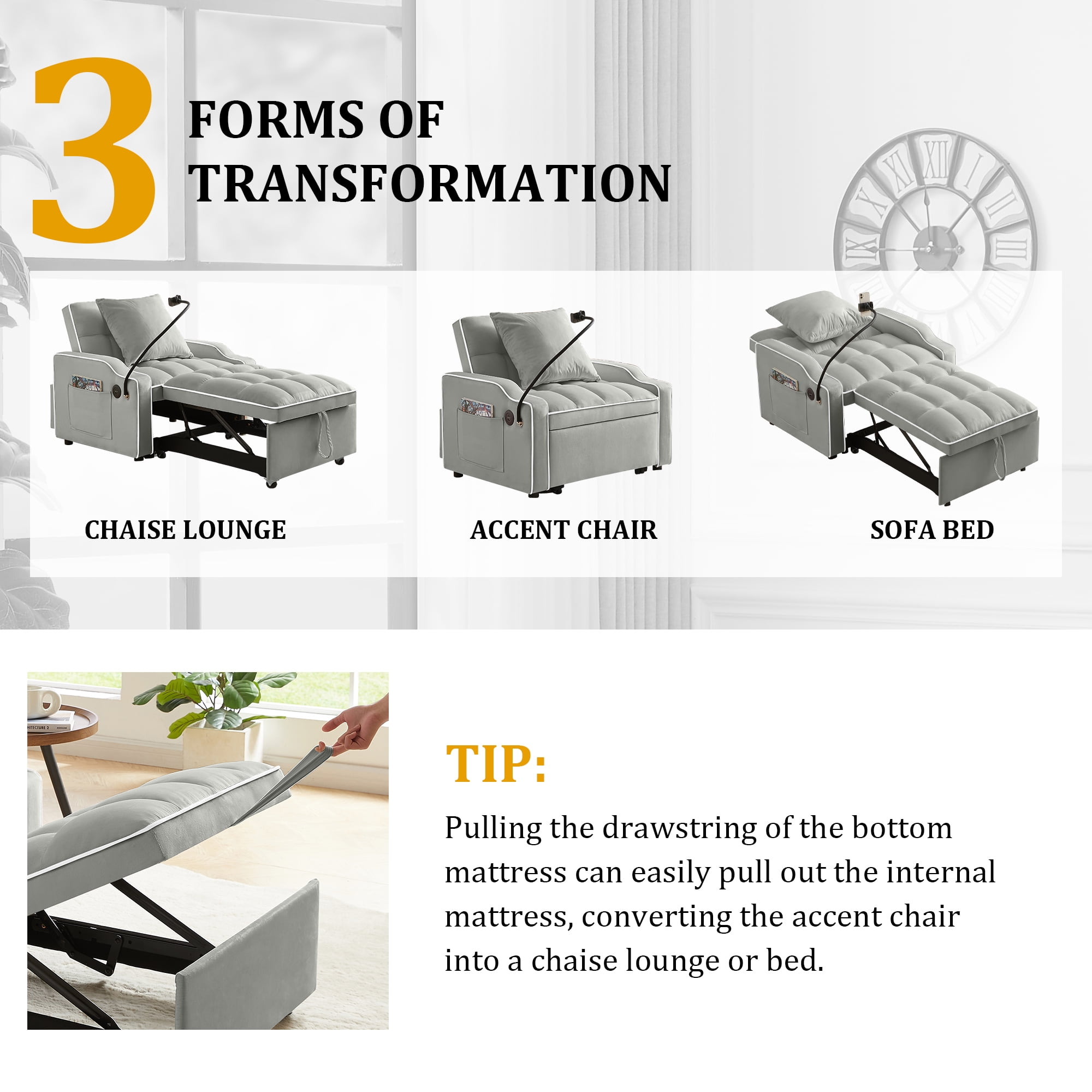 MOONMISS 3 in 1 Sleeper Sofa Chair Bed,Velvet Adjustable Recliner with Charge Ports&Phone Holder,Gray
