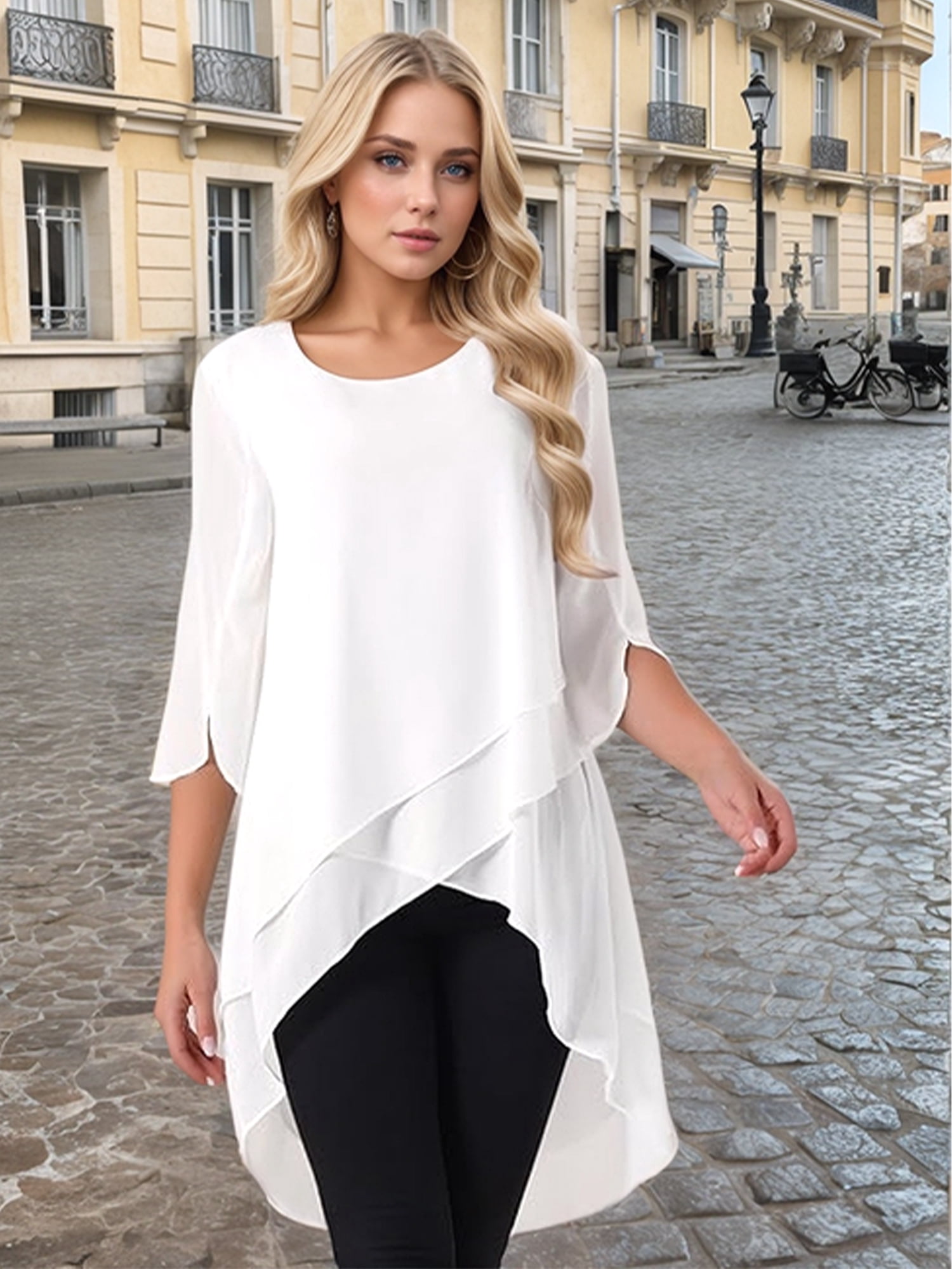 DARING DIVA Women's 3/4 Sleeve High Low Hem Scoop Neck Chiffon Blouses S White