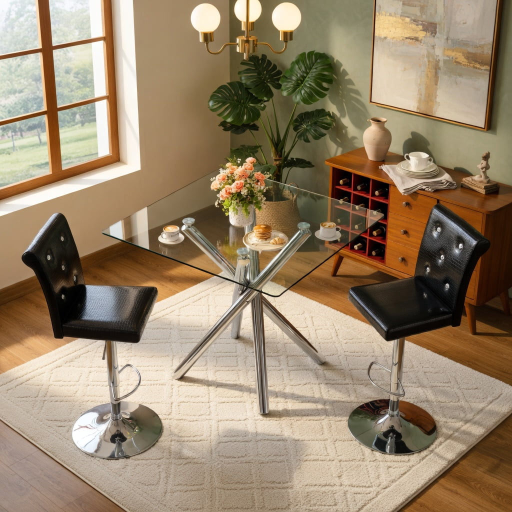 Hommoo Modern Glass Bar Table Set with 2 Adjustable Swivel Bar Stools, Chrome Metal Base, PU Leather Seating, Contemporary Counter Height Pub Table, Home Bar & Small Spaces, Black & Sliver