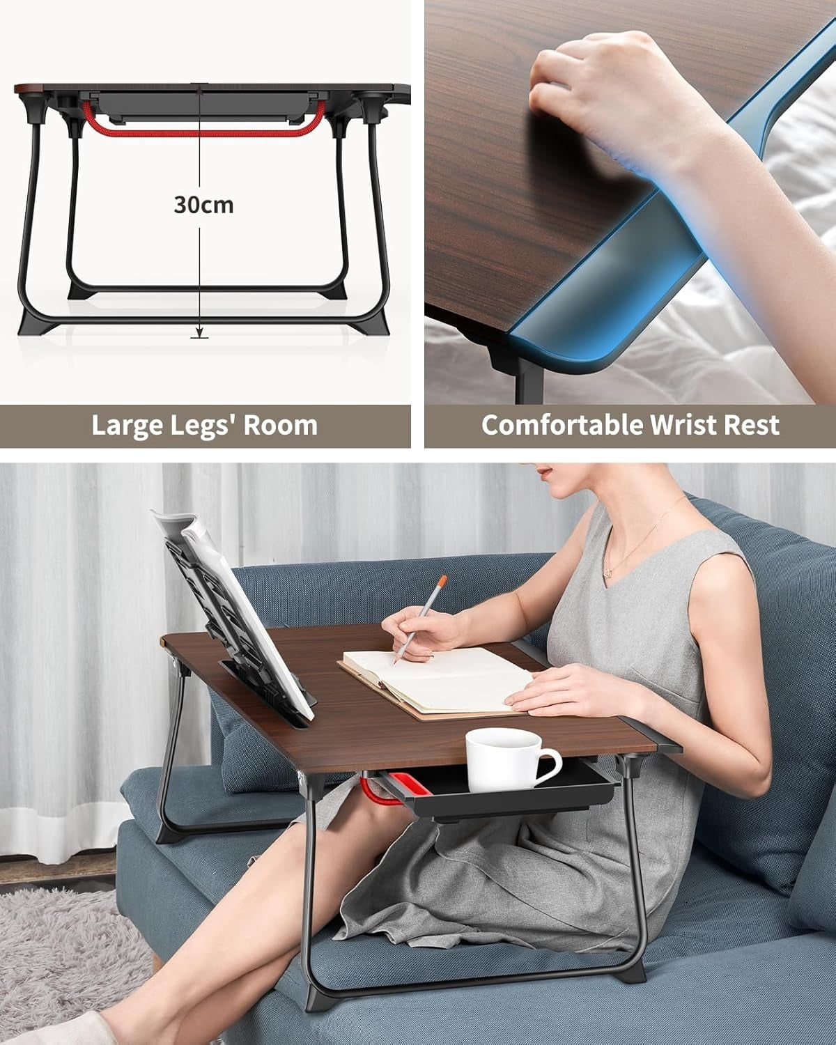 XX-Large Black Cherry Foldable Bed Laptop Desk Tray, Storage Drawer Handrest Bookstand+Tablet Phone Stand for Eating Writing Gaming Working Drawing