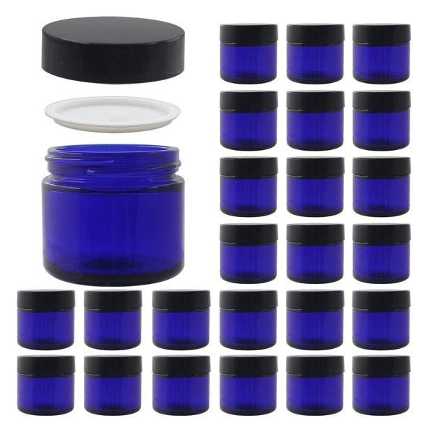 Frascos cosméticos BPFY de vidrio azul de 60 ml con forros y tapas, paquete de 24