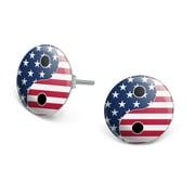 USA Patriotic Yin and Yang American Flag Novelty Silver Plated Stud Earrings