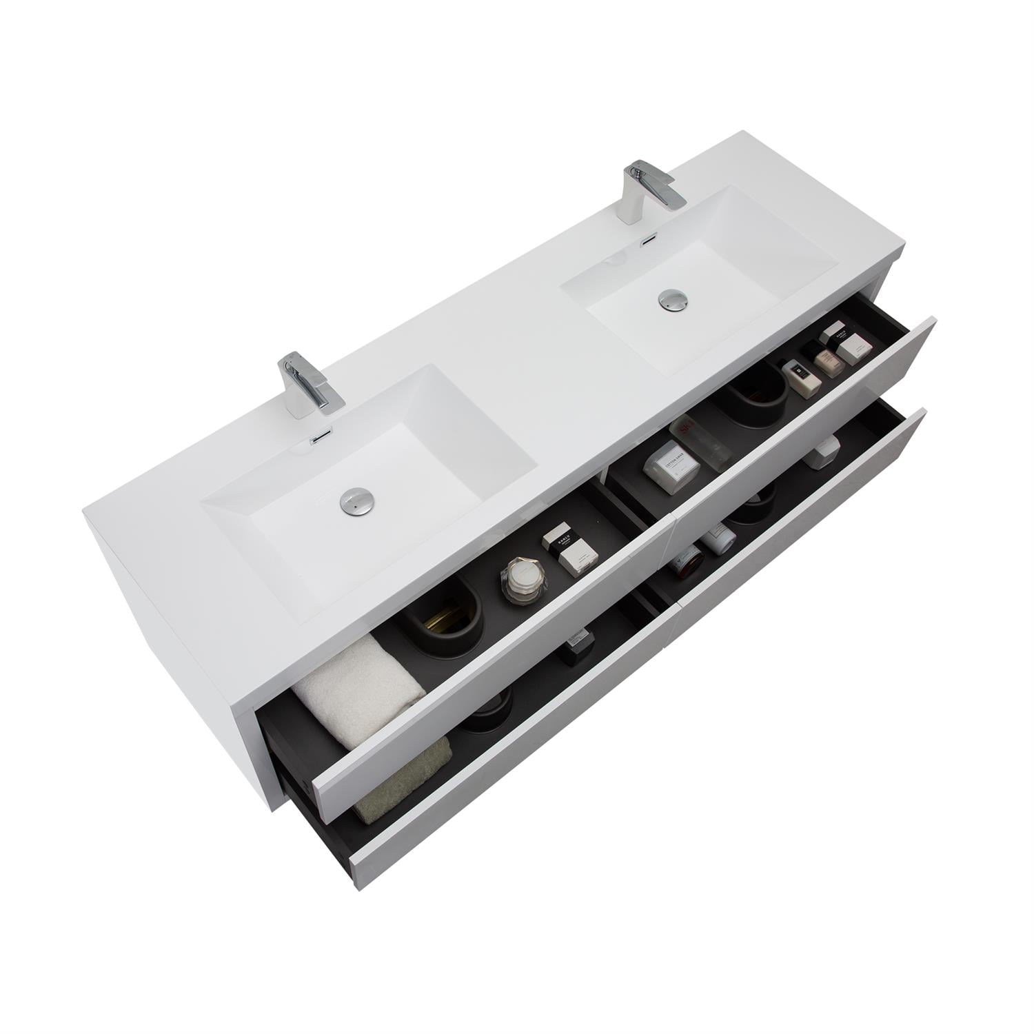 Demi Bonn 70" Wall-Mounted Bathroom Vanity with Sink, Stone Resin Countertop and 4 Soft Close Drawers, Faucets and Drains Not Included, White