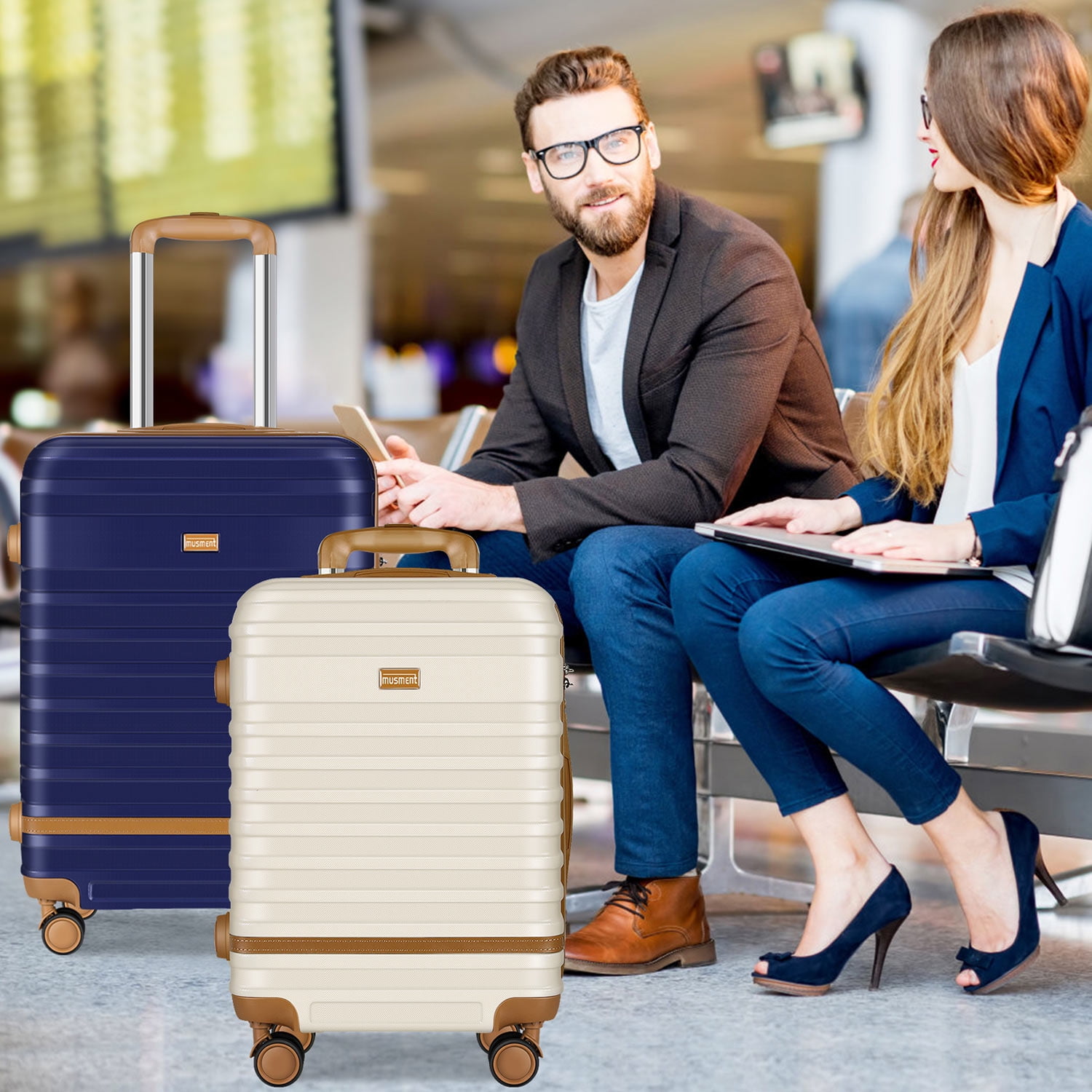 5 Piece Luggage Sets  and Travel Duffel Bag, ABS Hardshell Hardside Checked Luggage with TSA Lock and Double Spinner Wheels Suitcase, Ivory White