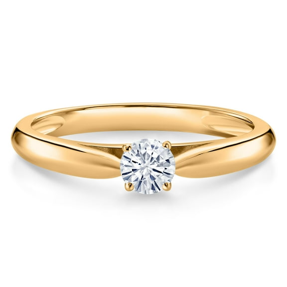 Gem Stone King 10K Yellow Gold Round Moissanite Solitaire Ring for Women | 0.16 Cttw | Wedding Engagement Anniversary Promise Ring for Women | Size 9