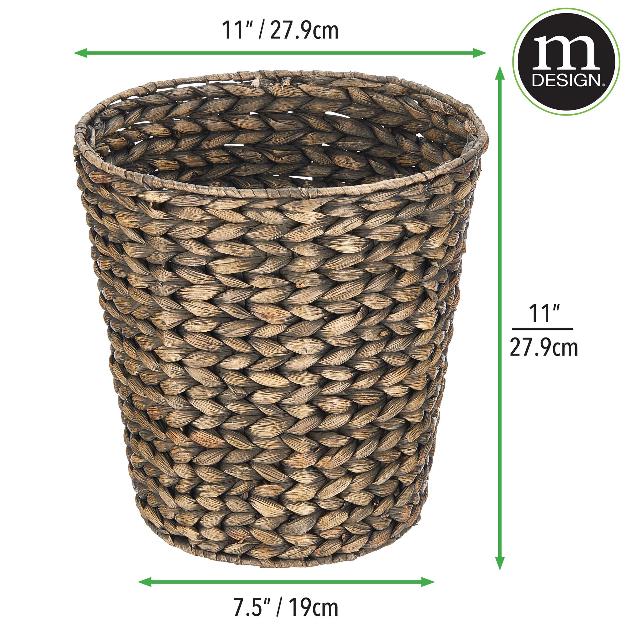 mDesign Small Hyacinth Round Natural Woven Garbage Wastebasket Trash Can, Black