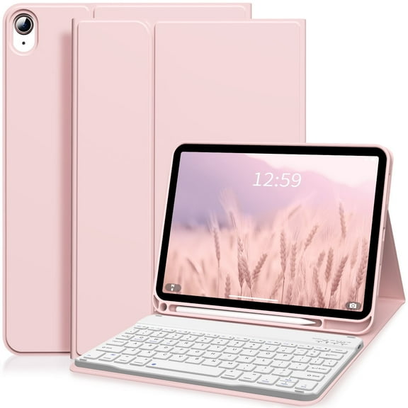 Aoub Keyboard Case for iPad (A16) 11th 10th Generation 2025 2022 with Pencil Holder, Detachable Wireless Bluetooth Rechargeable Keyboard Cover, Pink