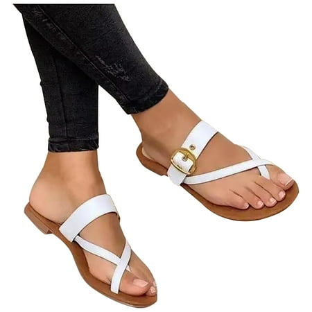 

Ikevan Women Shoes Cross toe Thread Metal Belt Buckle Flat Female Roman Sandals Slipper