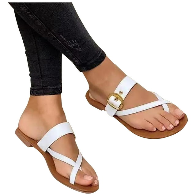 Pompotops Women Shoes Cross Toe Thread Metal Belt Buckle Flat Female Roman Sandals Slipper