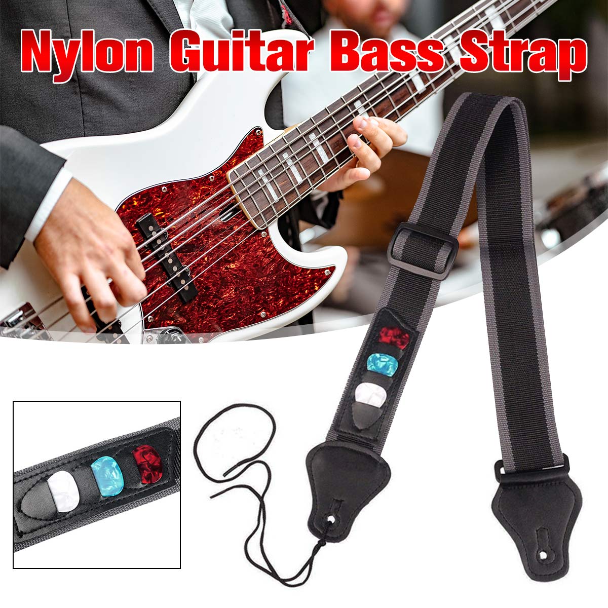 Adjustable Strap Guitar Bass Strap With 3 Pick Holders For Electric
