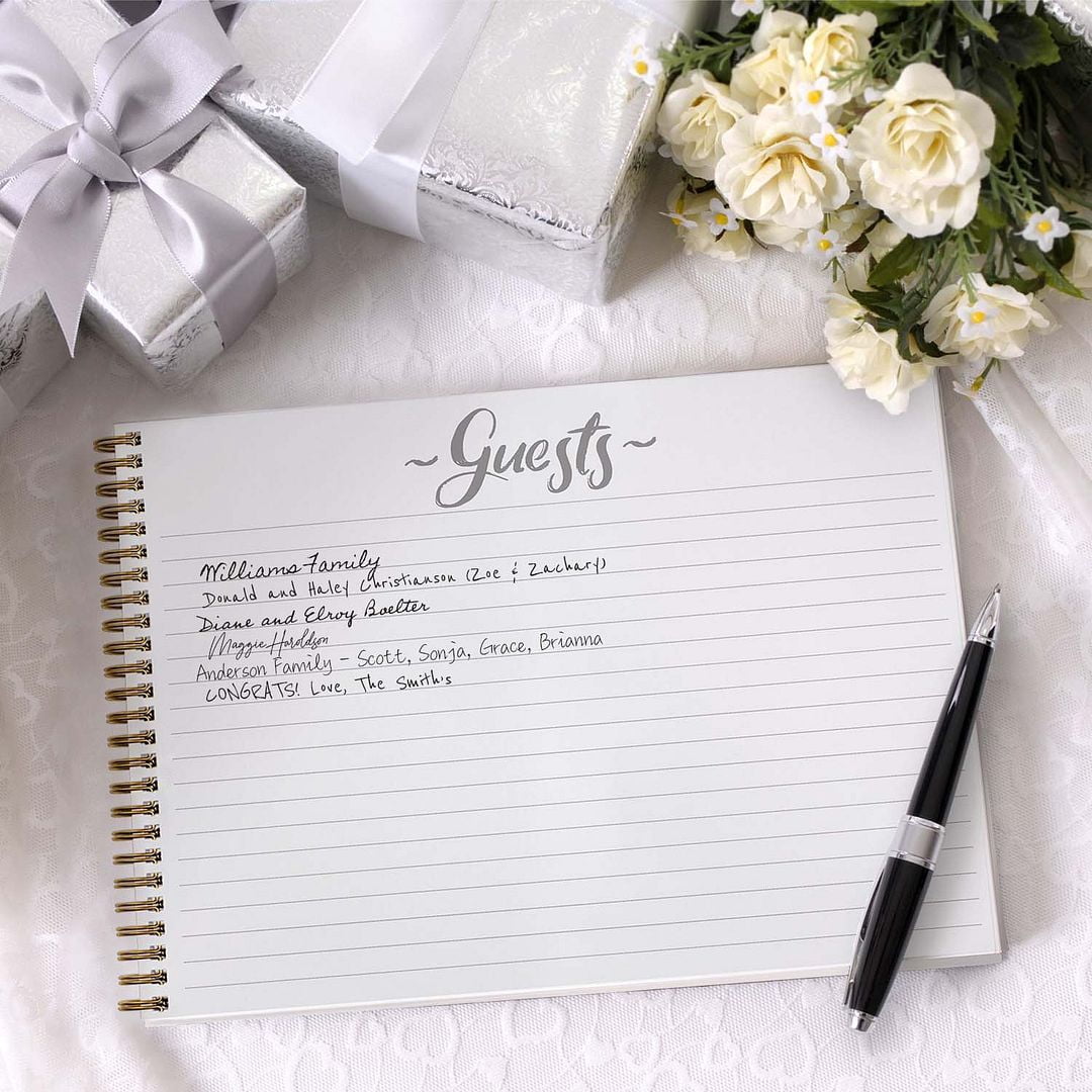 White Floral Wedding Hardcover Guestbook / 120 Lined Guest Signature Pages Inside / 11" x 8.5" Landscape Lay Flat Wedding Guest Book / Gold Metal Spiral Binding