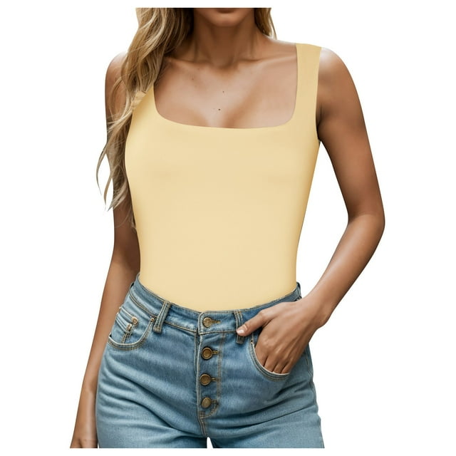 Tops plus Size Crop Tops Women Square Neck Sleeveless Double Layer Tight Tank Top For Women