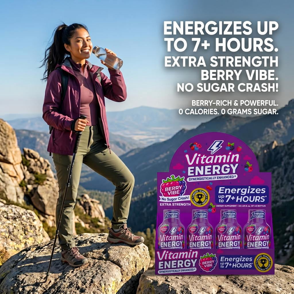 Vitamin Energy B12 Extra Strength Shot, Pink Berry, 12 Pack – 260mg Natural Caffeine, 11,000% DV B12 & B6, Zero Sugar, 1.93 fl oz
