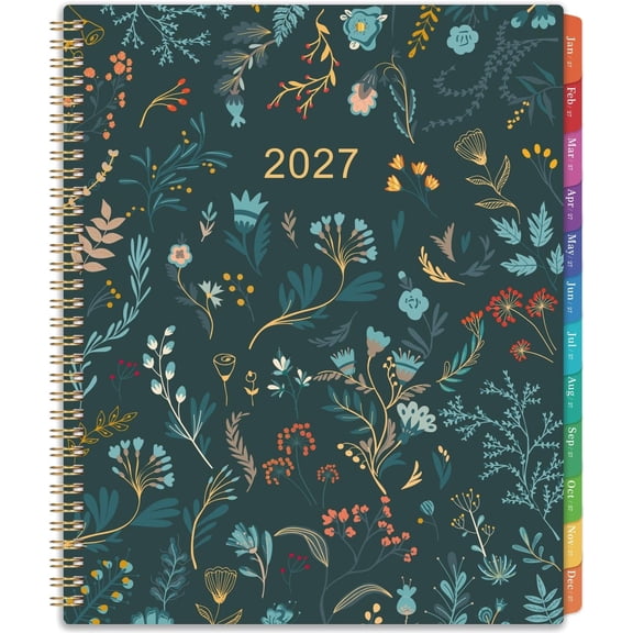 2027 Planner - 2027 Monthly Planner, Jan. 2027 - Dec. 2027, 9" x 11" | 2027 Calendar Planner,12 Month with Colourful Tabs & Pocket, Flexible Cover, -Wire Binding, Thick Paper - Leaves