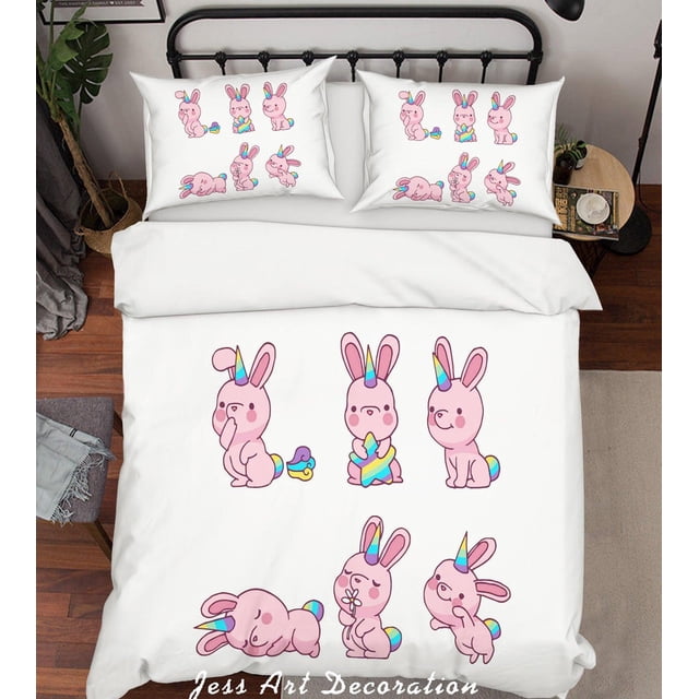 3D Cartoon Pink Rabbit Funda de edredón Juego de ropa de cama Fundas de almohada 68
